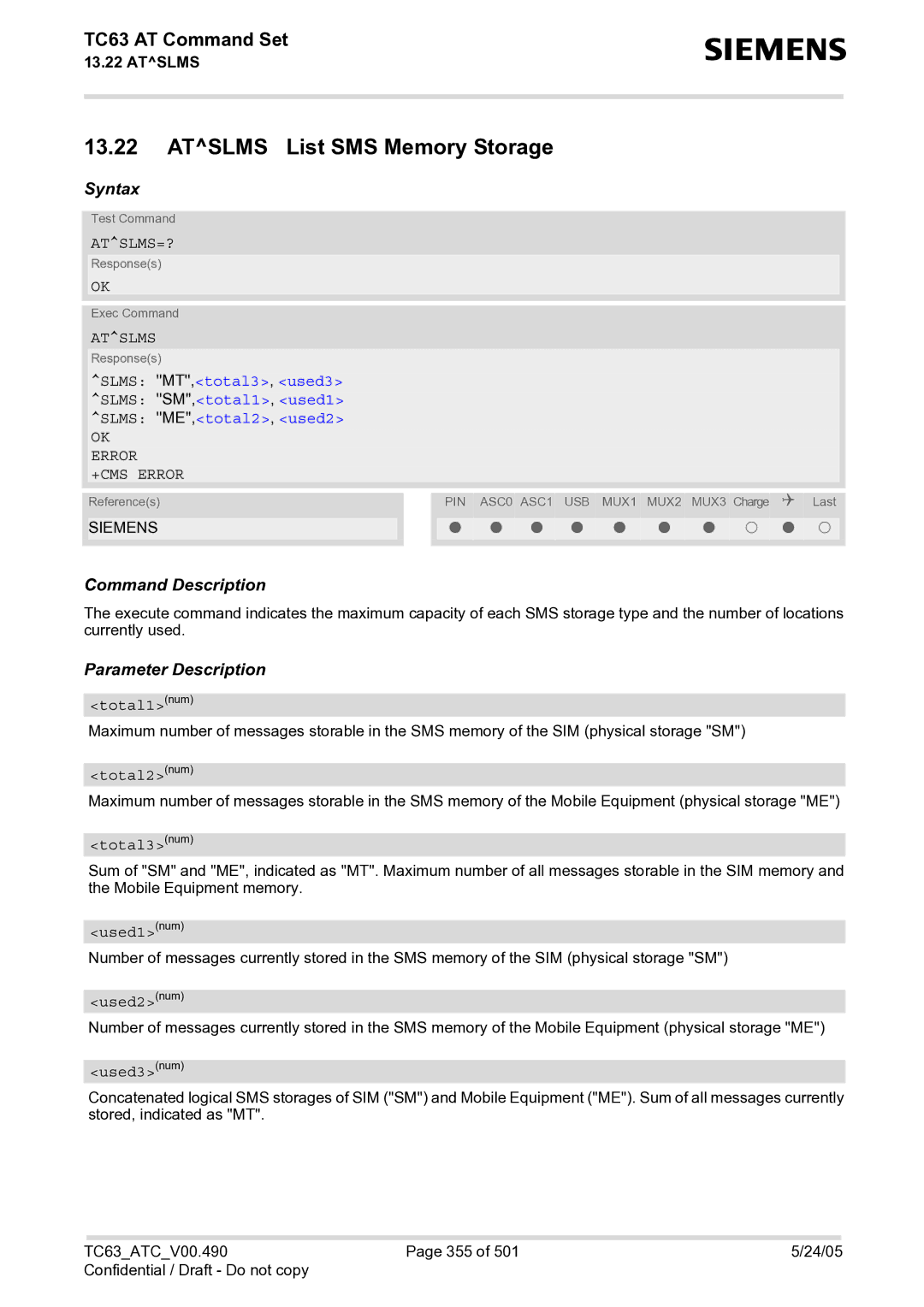 Siemens TC63 manual Atslms List SMS Memory Storage, Atslms=? 