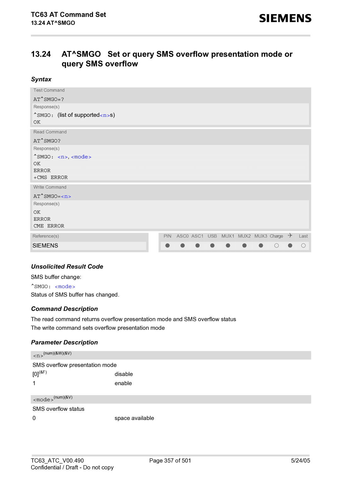 Siemens TC63 manual Atsmgo=?, Atsmgo?, Smgo n, mode, OK Error CME Error 