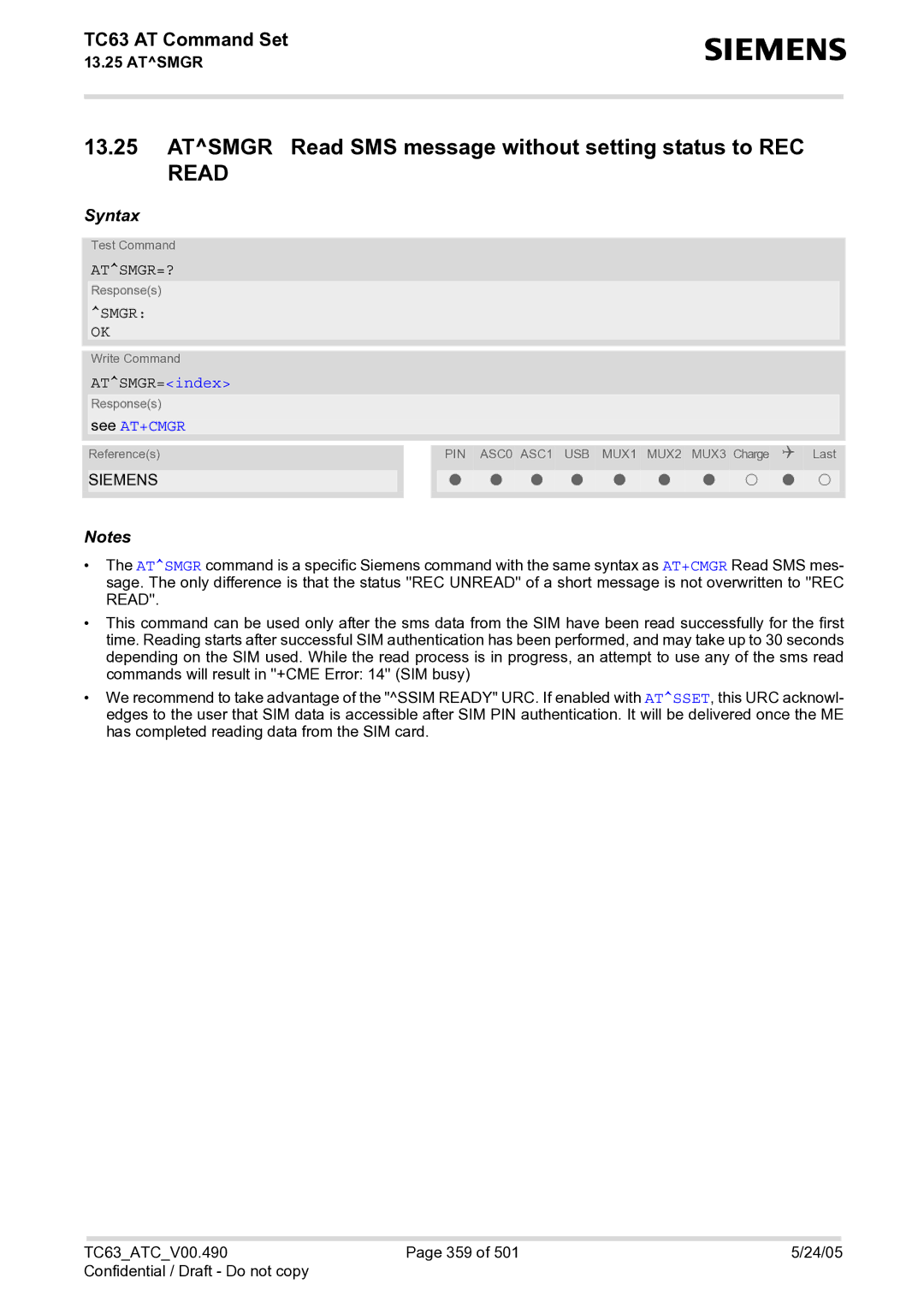 Siemens TC63 manual Atsmgr Read SMS message without setting status to REC Read, Atsmgr=?, Smgr, ATSMGR=index, See AT+CMGR 