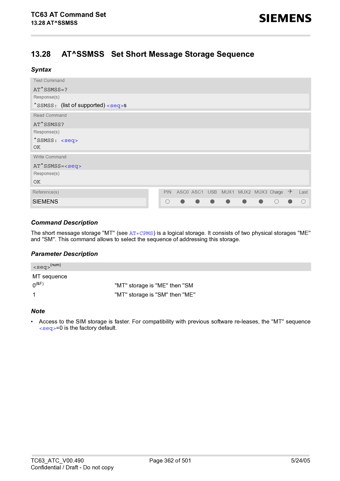 Siemens TC63 manual Atssmss Set Short Message Storage Sequence, Atssmss=?, Atssmss?, Ssmss seq, ATSSMSS=seq 