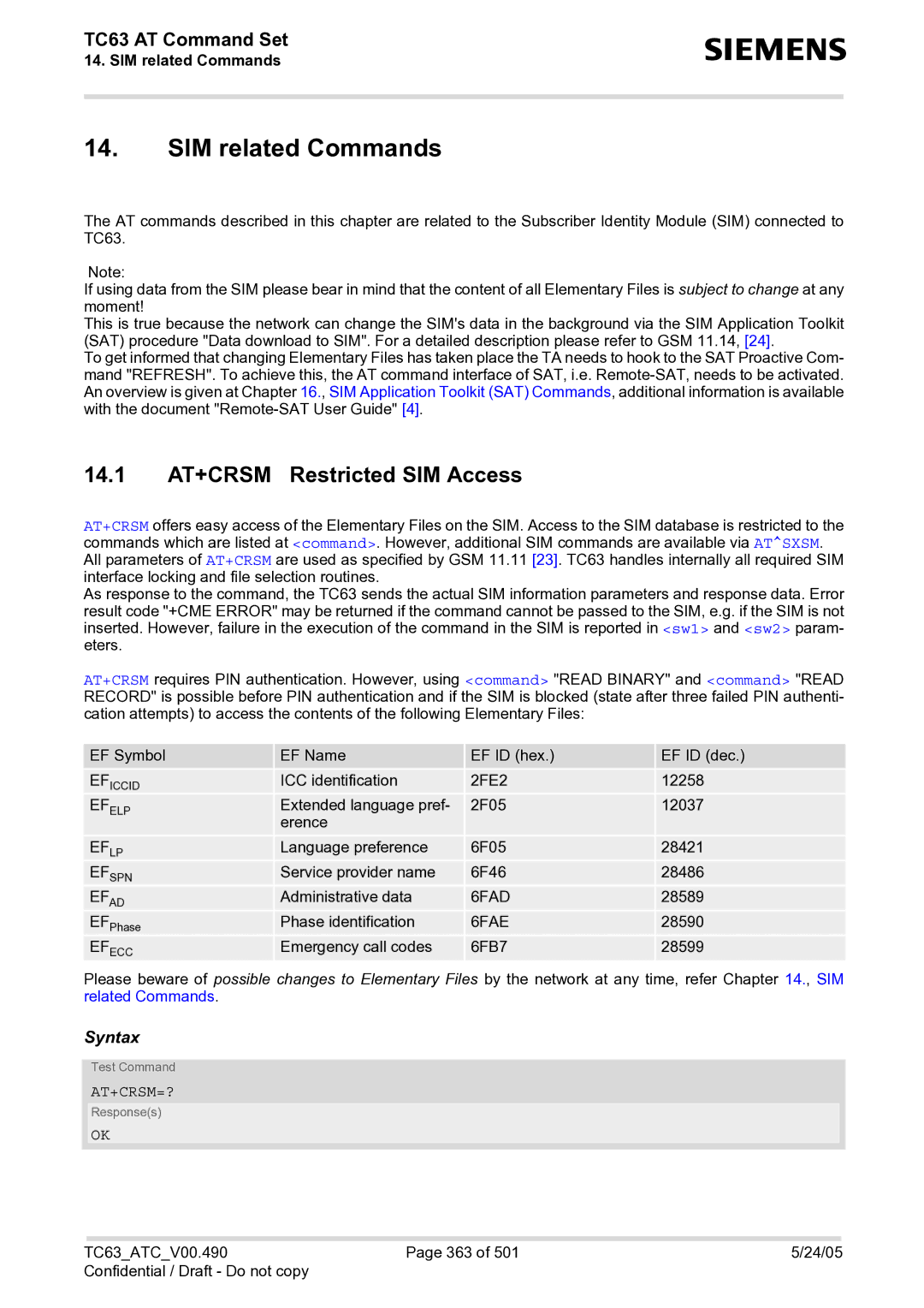 Siemens TC63 manual SIM related Commands, 14.1 AT+CRSM Restricted SIM Access, At+Crsm=? 