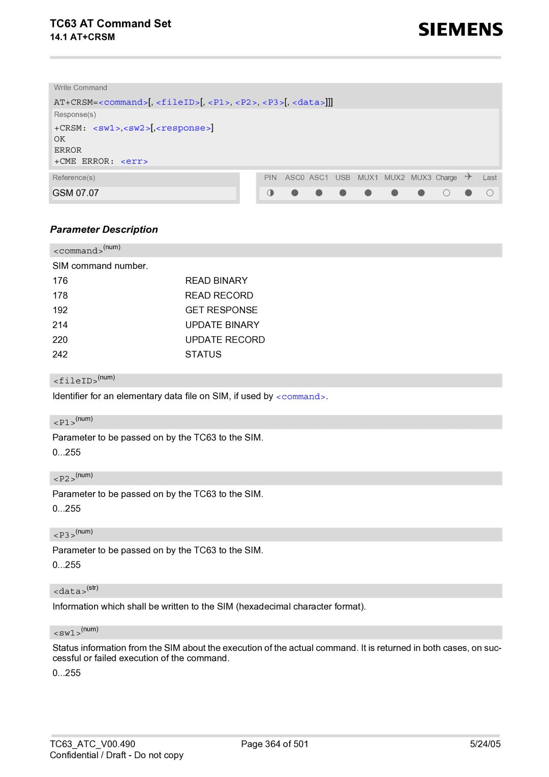 Siemens TC63 manual AT+CRSM=command, fileID, P1, P2, P3, data, +CRSM sw1,sw2,response, Commandnum, FileIDnum, Sw1num 