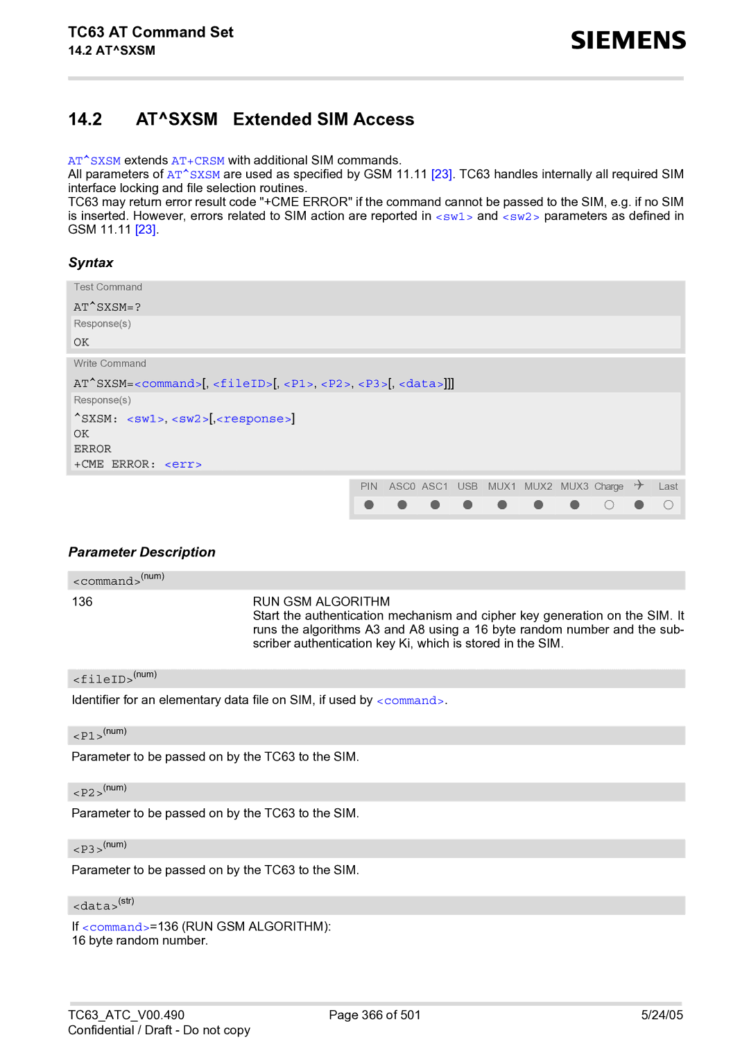 Siemens TC63 manual Atsxsm Extended SIM Access, Atsxsm=?, ATSXSM=command, fileID, P1, P2, P3, data, Sxsm sw1, sw2,response 