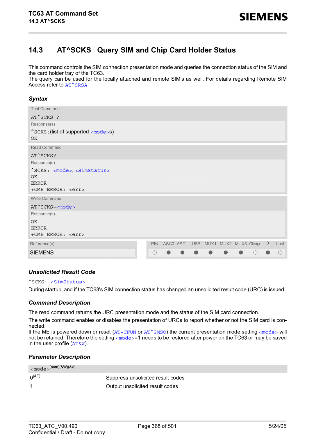 Siemens TC63 manual Atscks Query SIM and Chip Card Holder Status, Atscks=?, Atscks?, Scks mode, SimStatus, Scks SimStatus 