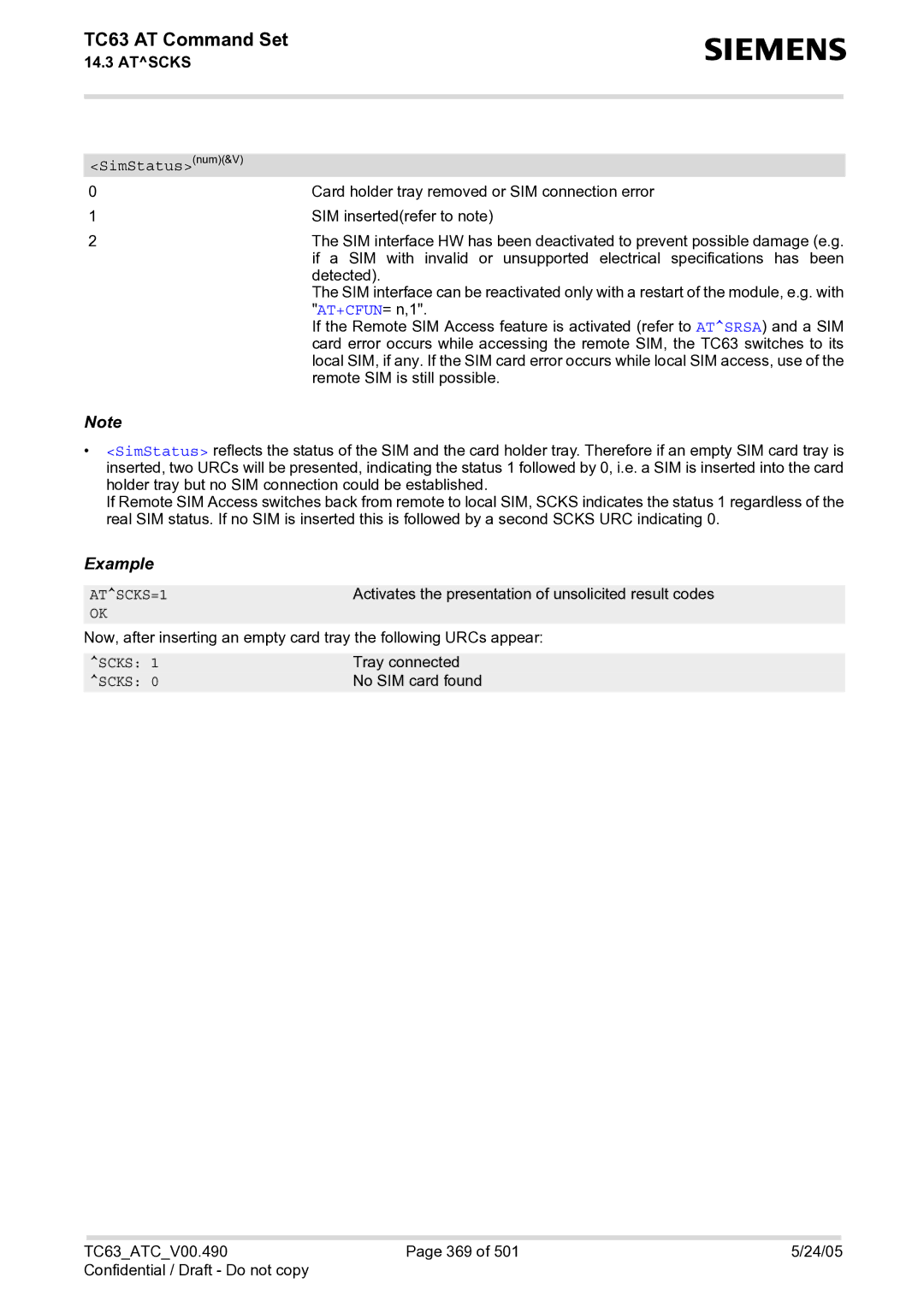 Siemens TC63 manual SimStatusnum&V, ATSCKS=1, Scks 