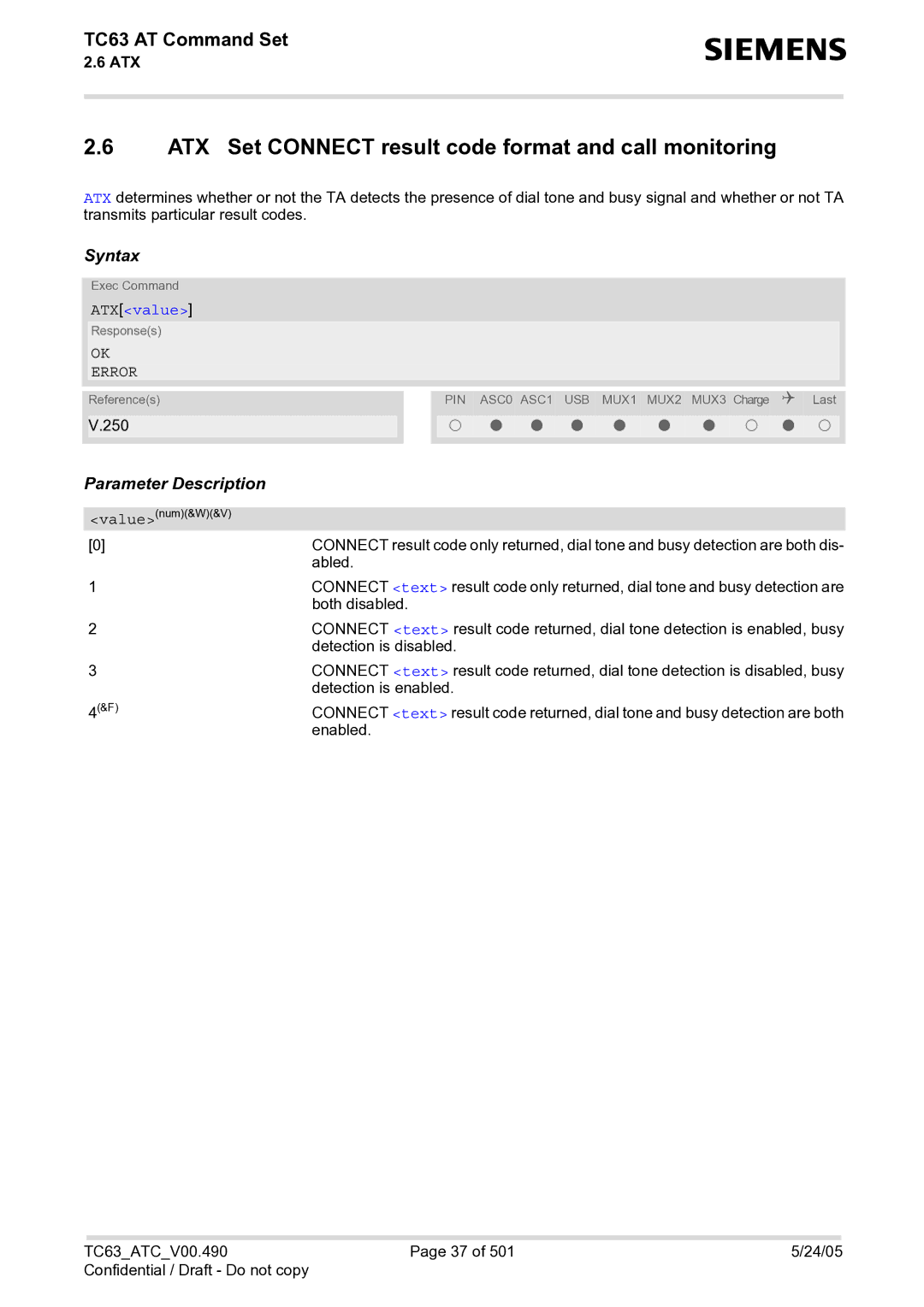 Siemens TC63 manual ATX Set Connect result code format and call monitoring, ATXvalue 