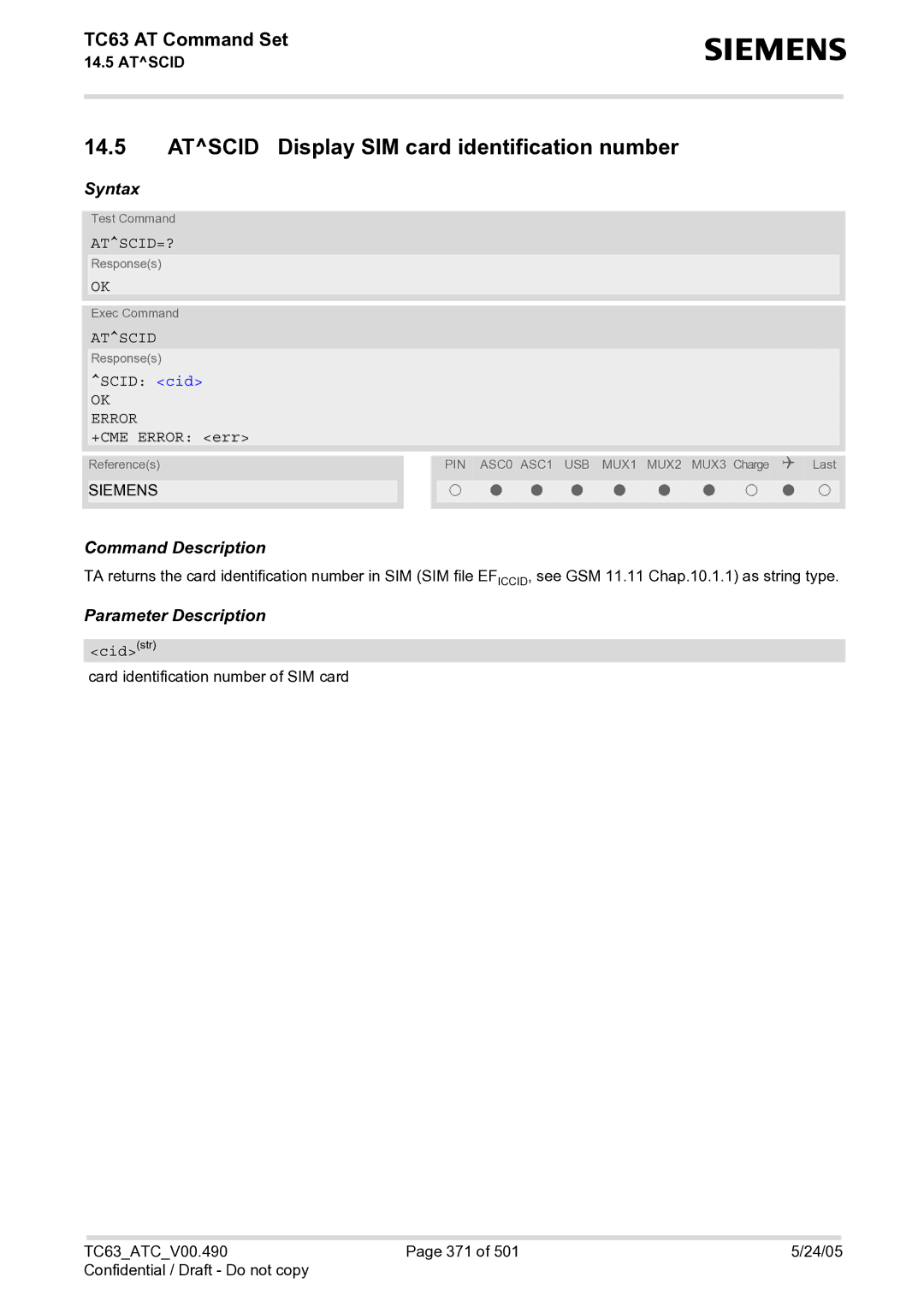 Siemens TC63 manual Atscid Display SIM card identification number, Atscid=?, Scid cid, Cidstr 