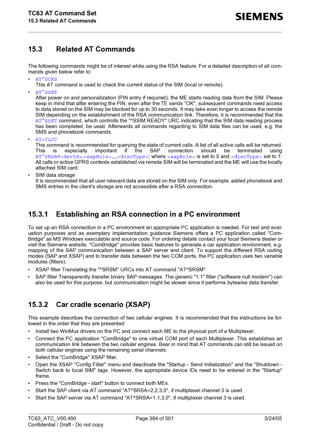 Siemens TC63 manual Related AT Commands, Establishing an RSA connection in a PC environment, Car cradle scenario Xsap 