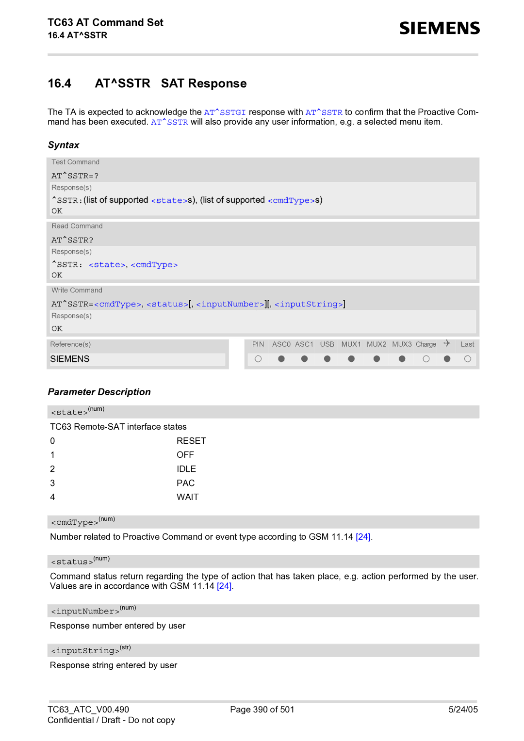 Siemens TC63 Atsstr SAT Response, Atsstr=?, Atsstr?, Sstr state, cmdType, ATSSTR=cmdType, status, inputNumber, inputString 