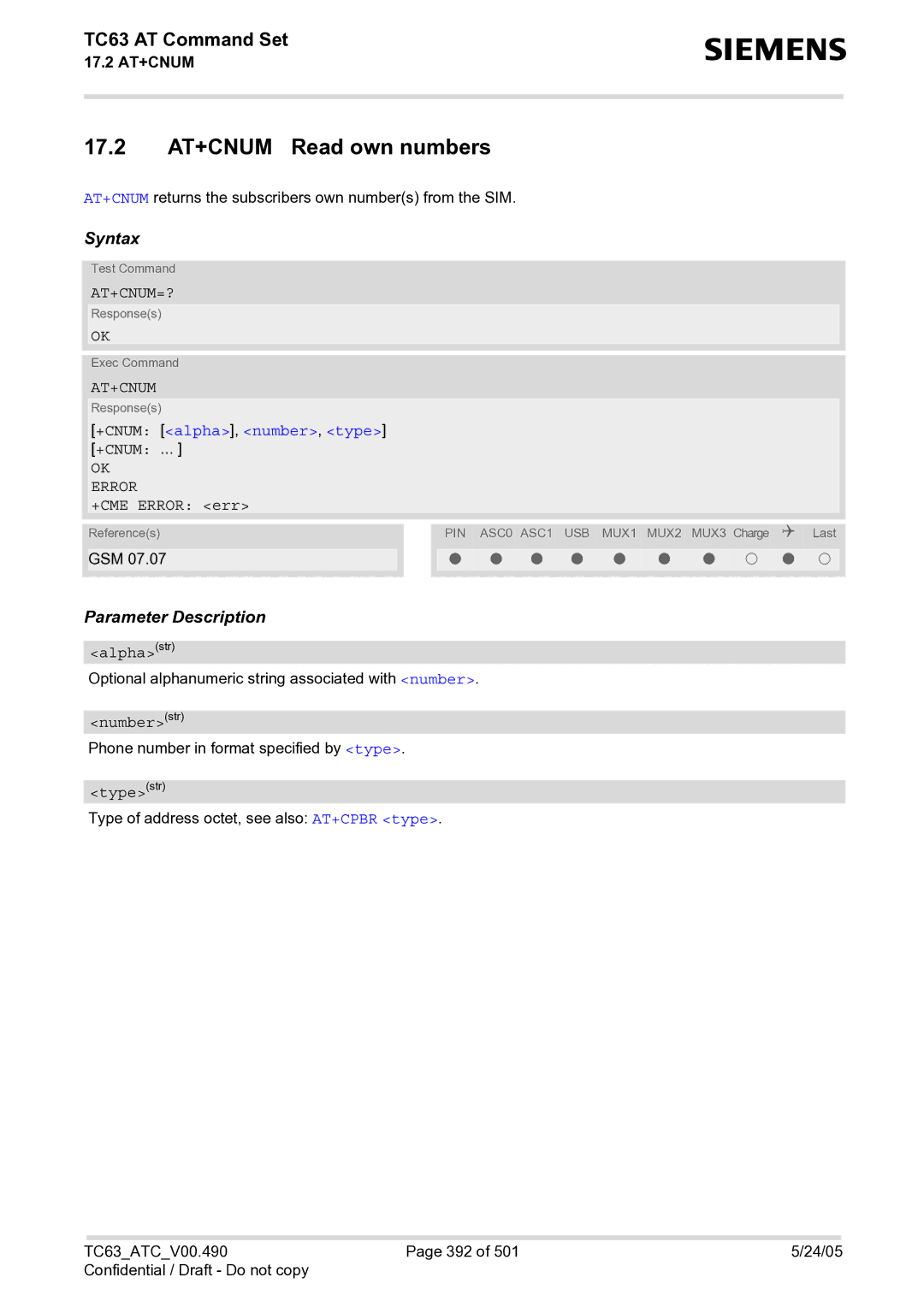 Siemens TC63 manual 17.2 AT+CNUM Read own numbers, At+Cnum=?, +CNUM alpha, number, type 