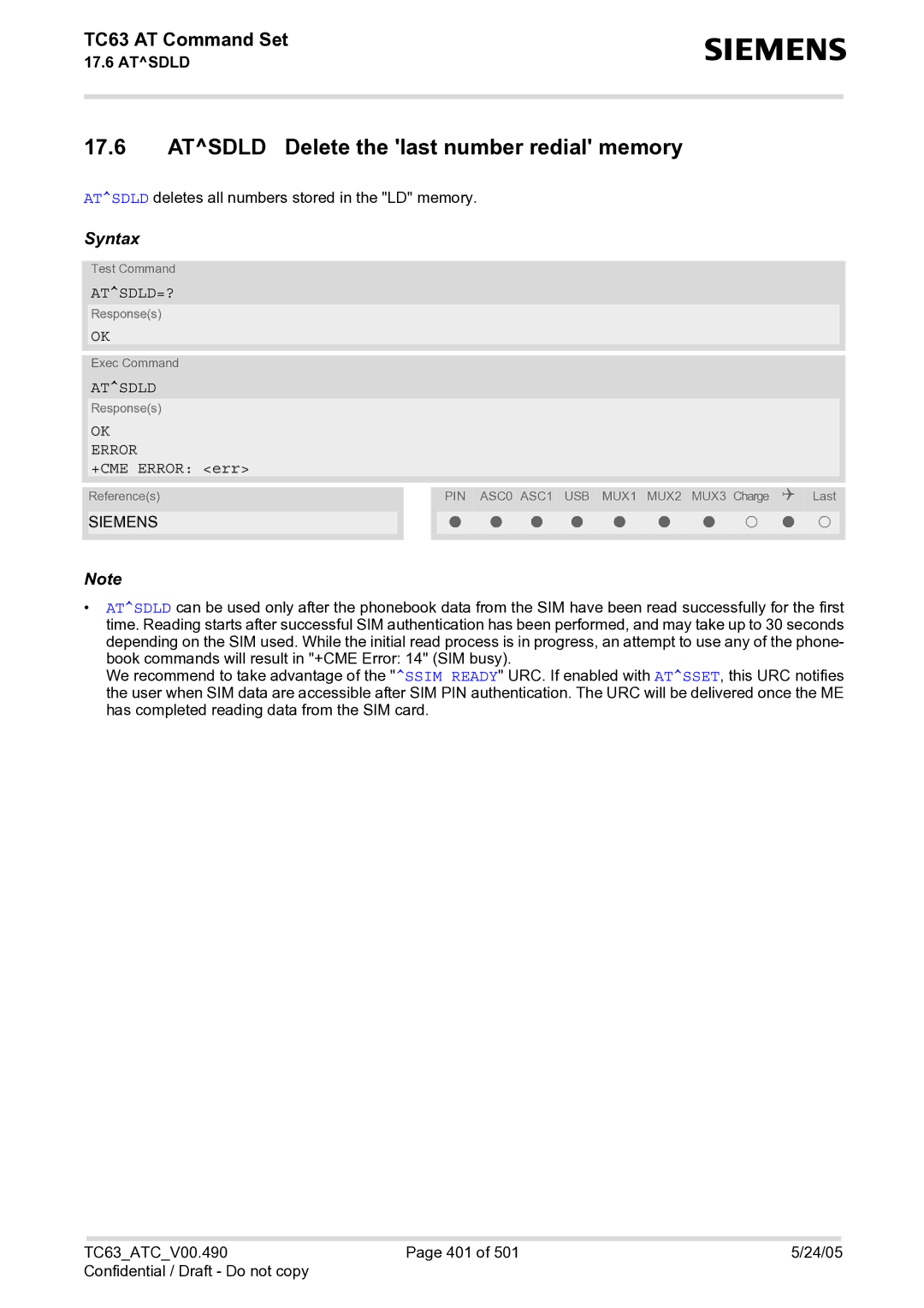 Siemens TC63 manual Atsdld Delete the last number redial memory, Atsdld=? 