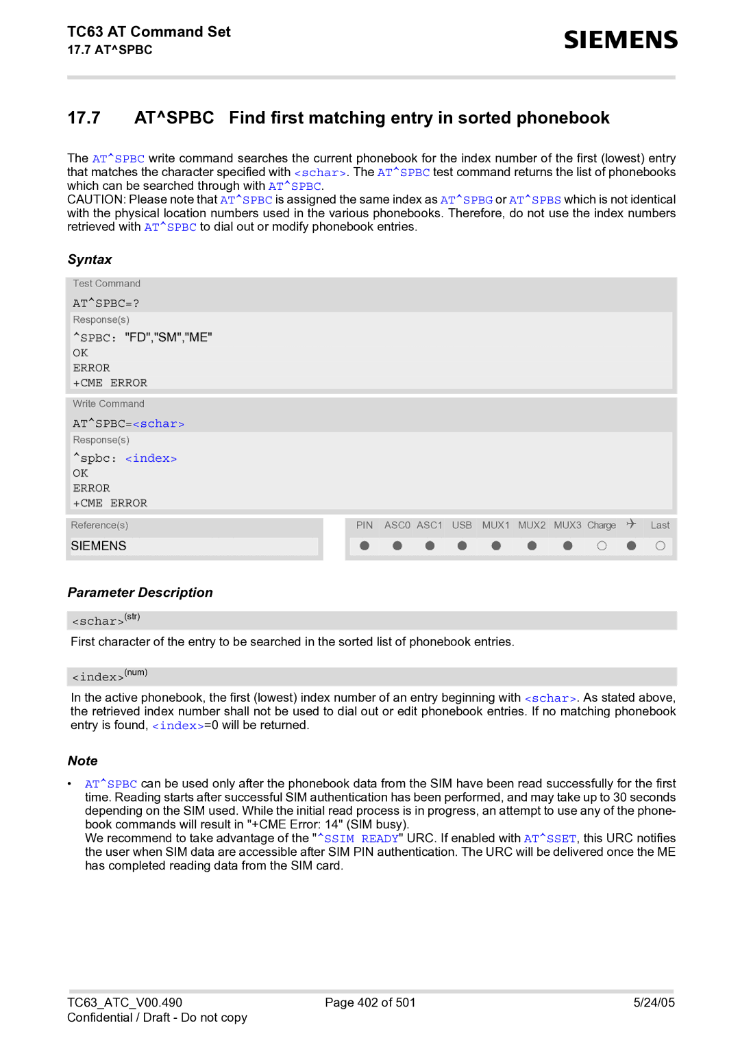 Siemens TC63 manual Atspbc Find first matching entry in sorted phonebook, Atspbc=?, ATSPBC=schar, Spbc index, Scharstr 