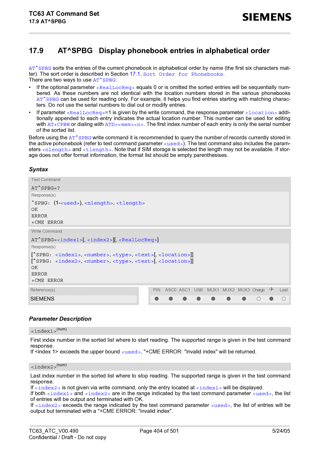 Siemens TC63 manual Atspbg Display phonebook entries in alphabetical order, Atspbg=?, Spbg 1-used,nlength, tlength 