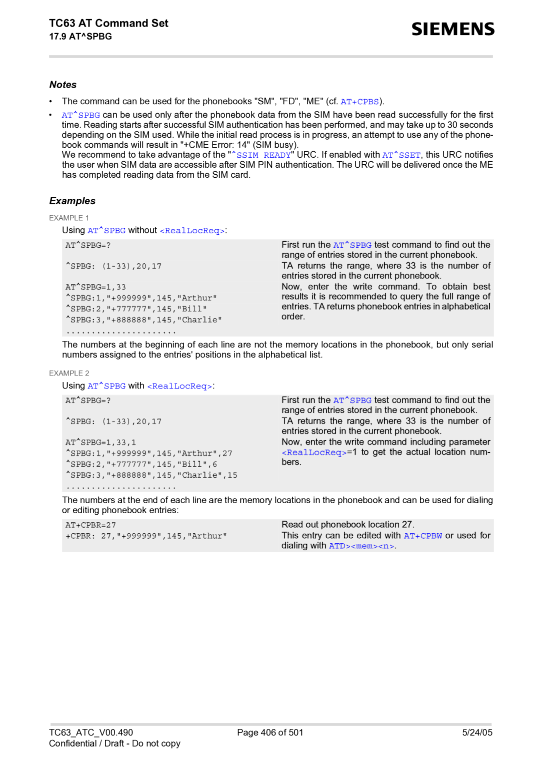 Siemens TC63 manual Using Atspbg without RealLocReq, Using Atspbg with RealLocReq, AT+CPBR=27 