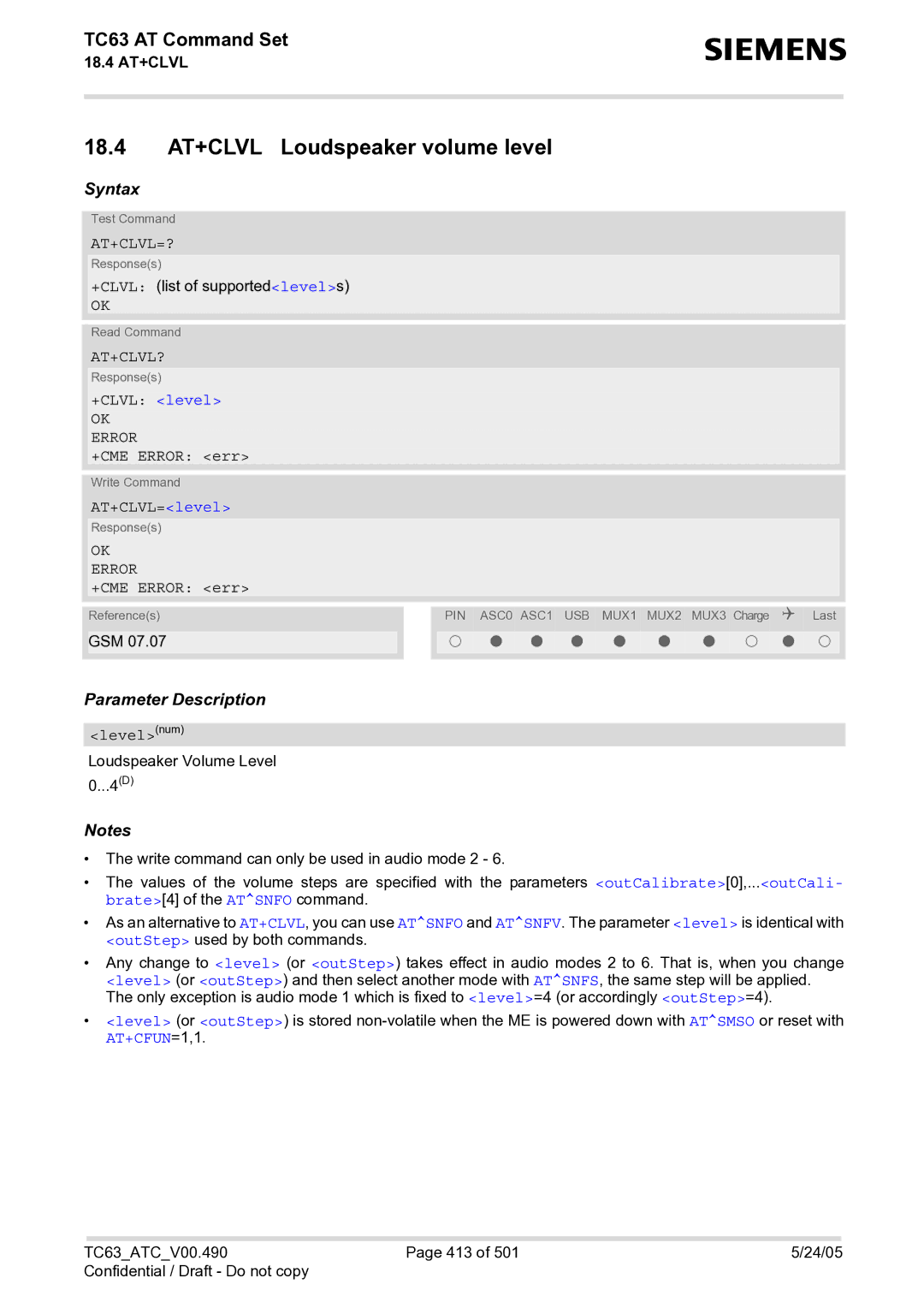 Siemens TC63 manual 18.4 AT+CLVL Loudspeaker volume level, At+Clvl=?, At+Clvl?, AT+CFUN=1,1 