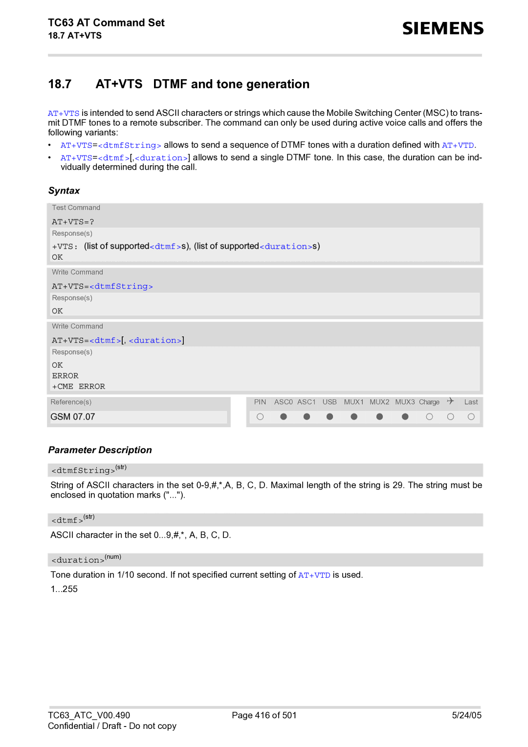 Siemens TC63 manual 18.7 AT+VTS Dtmf and tone generation, At+Vts=?, AT+VTS=dtmfString, AT+VTS=dtmf, duration 