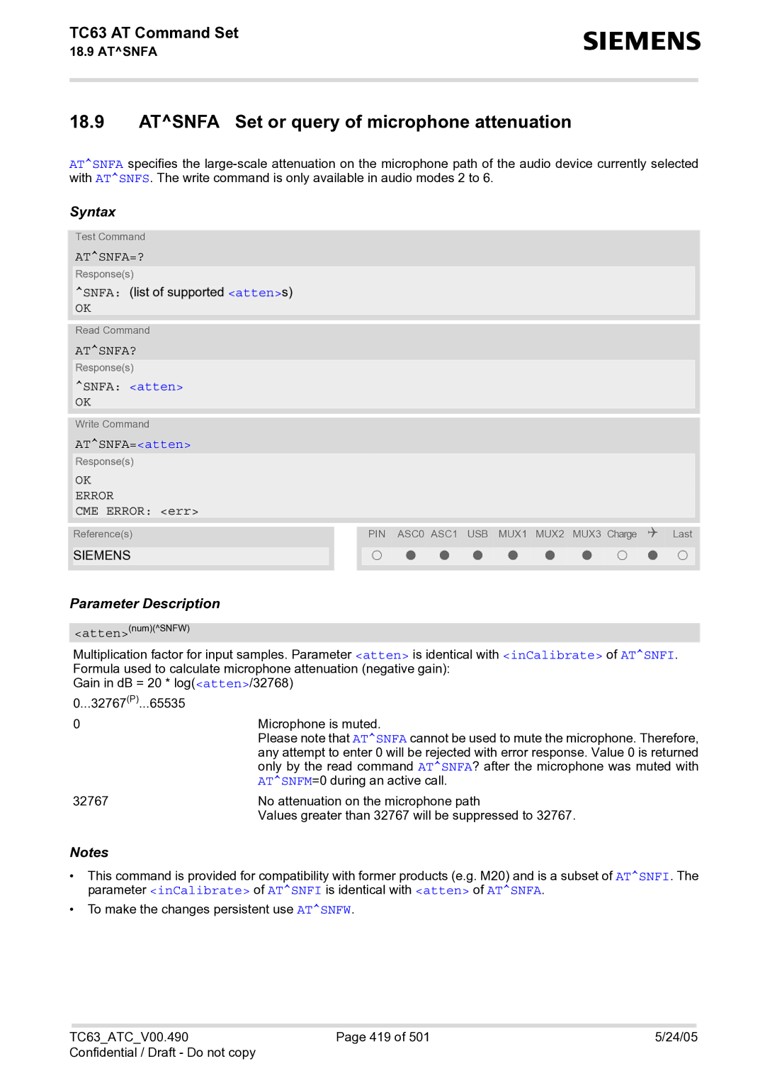 Siemens TC63 manual Atsnfa Set or query of microphone attenuation, Atsnfa=?, Atsnfa? 