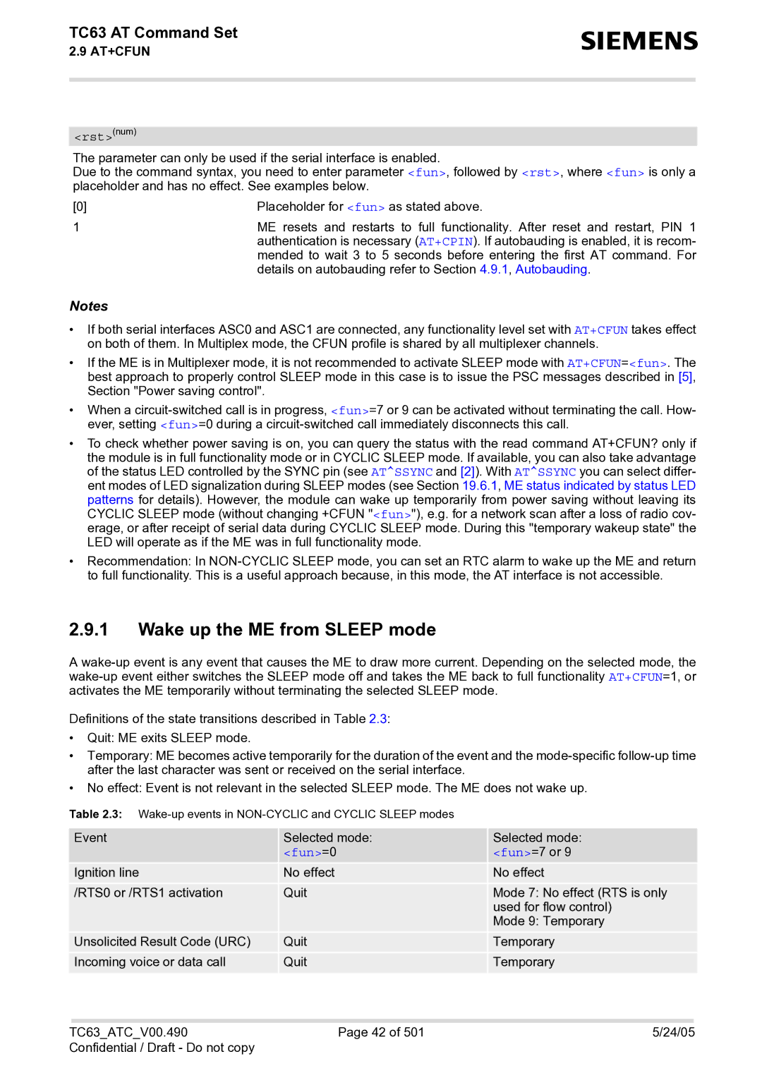 Siemens TC63 manual Wake up the ME from Sleep mode, Rstnum, Fun=0 