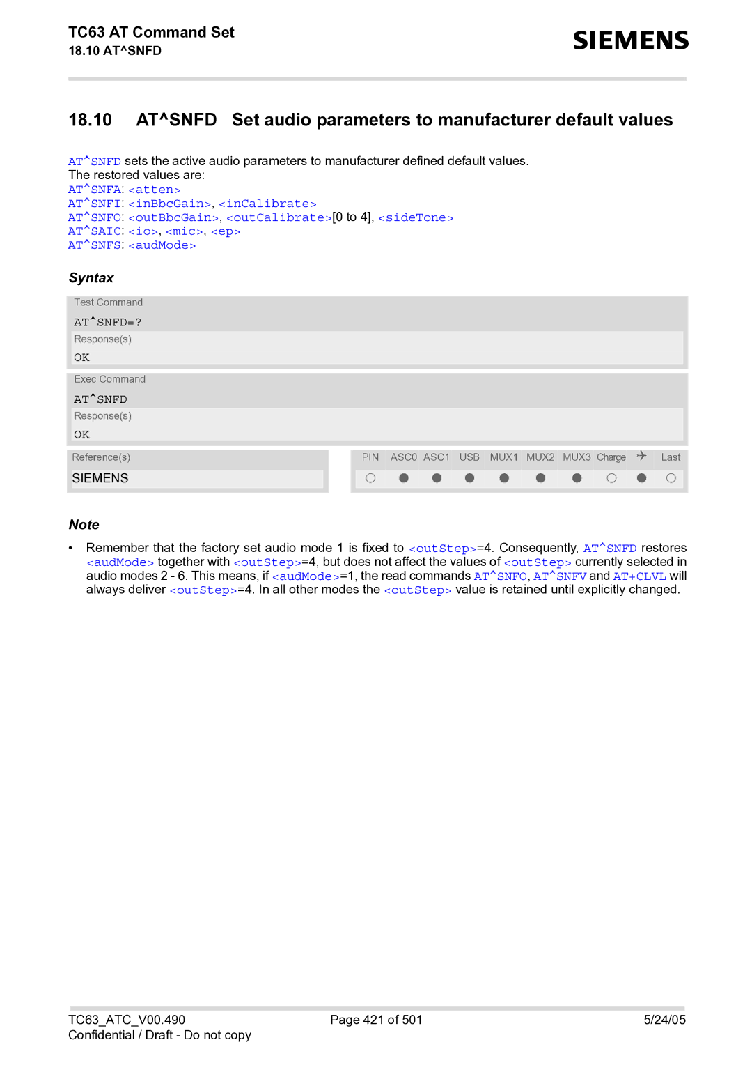 Siemens TC63 manual Atsnfd Set audio parameters to manufacturer default values, Atsnfd=? 