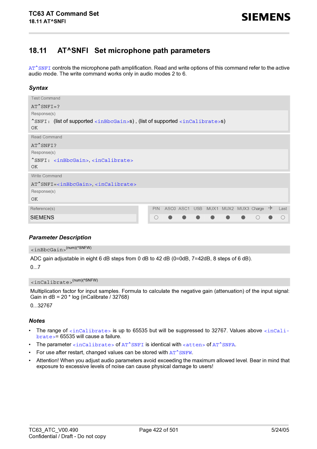 Siemens TC63 manual Atsnfi Set microphone path parameters, Atsnfi=?, Atsnfi?, Snfi inBbcGain, inCalibrate 