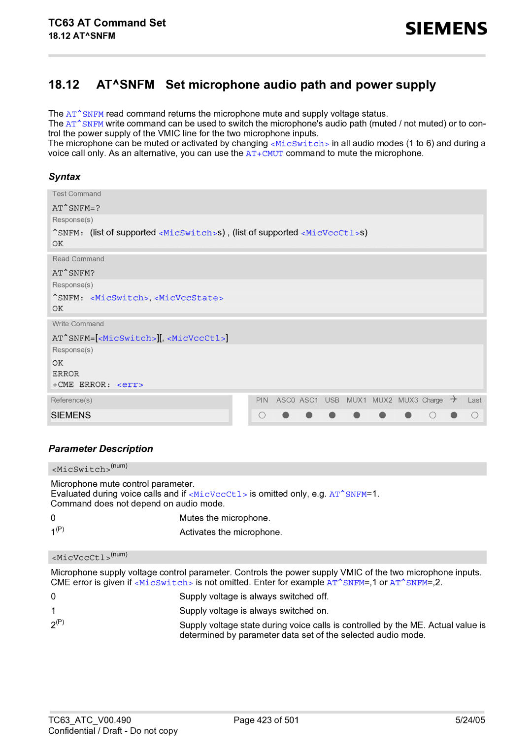 Siemens TC63 manual Atsnfm Set microphone audio path and power supply, Atsnfm=?, Atsnfm?, Snfm MicSwitch, MicVccState 