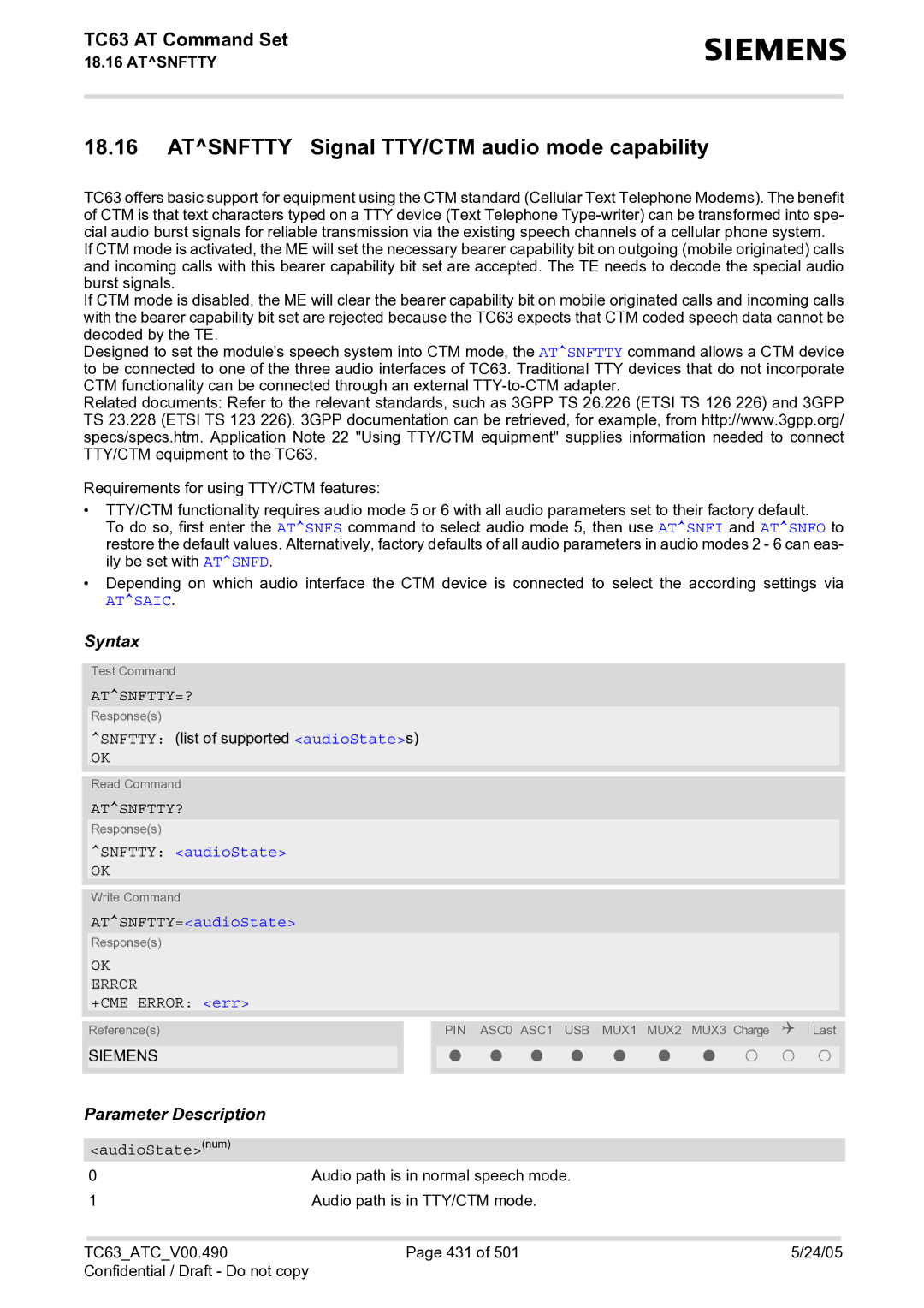 Siemens TC63 Atsnftty Signal TTY/CTM audio mode capability, Atsnftty=?, Atsnftty?, Snftty audioState, ATSNFTTY=audioState 