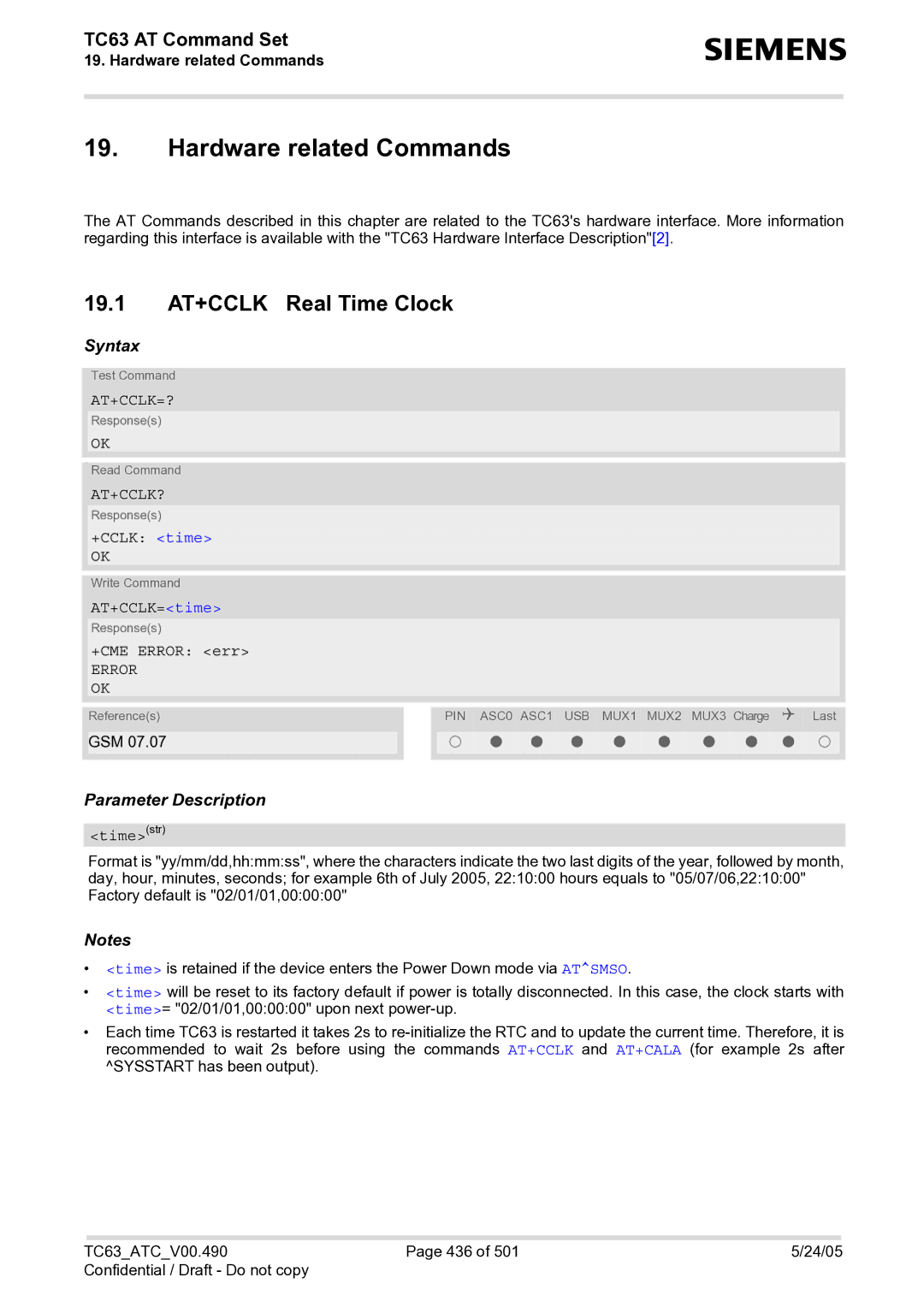 Siemens TC63 manual Hardware related Commands, 19.1 AT+CCLK Real Time Clock, At+Cclk=?, At+Cclk?, Error OK 