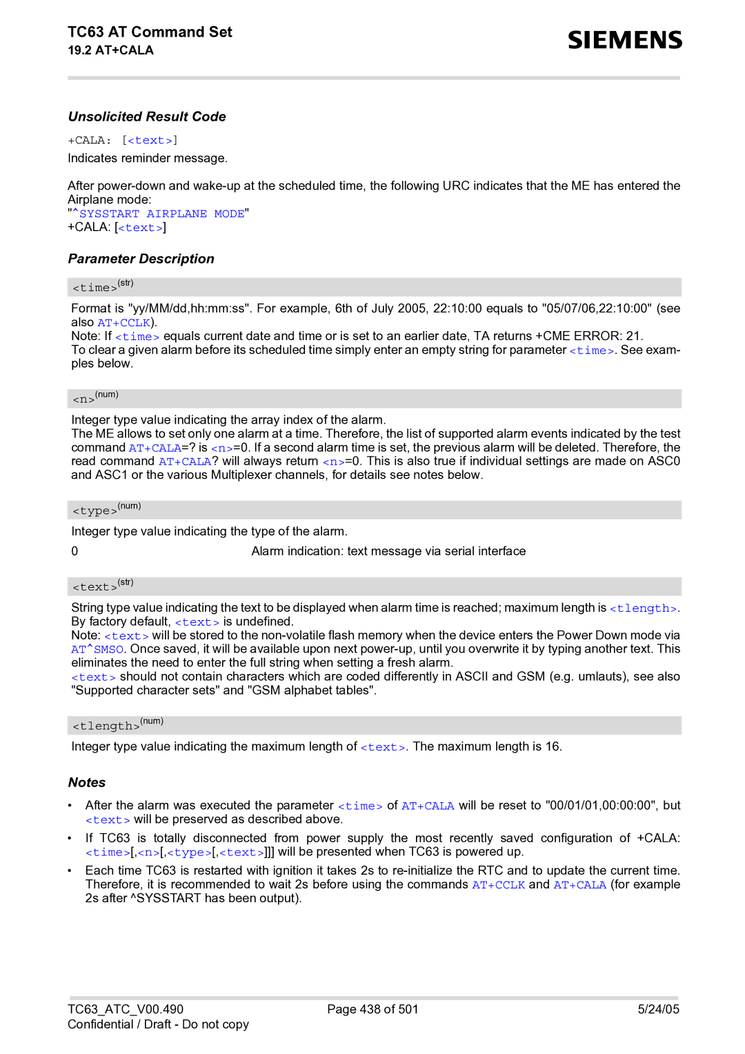 Siemens TC63 manual Sysstart Airplane Mode +CALA text 