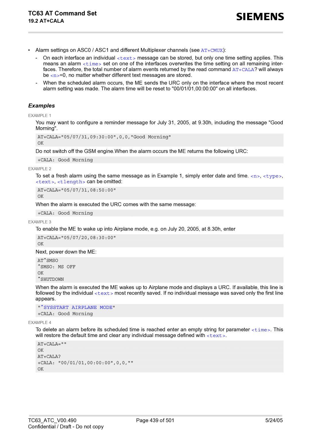 Siemens TC63 manual Atsmso Smso MS OFF OK Shutdown, Sysstart Airplane Mode +CALA Good Morning, At+Cala= Ok At+Cala? 