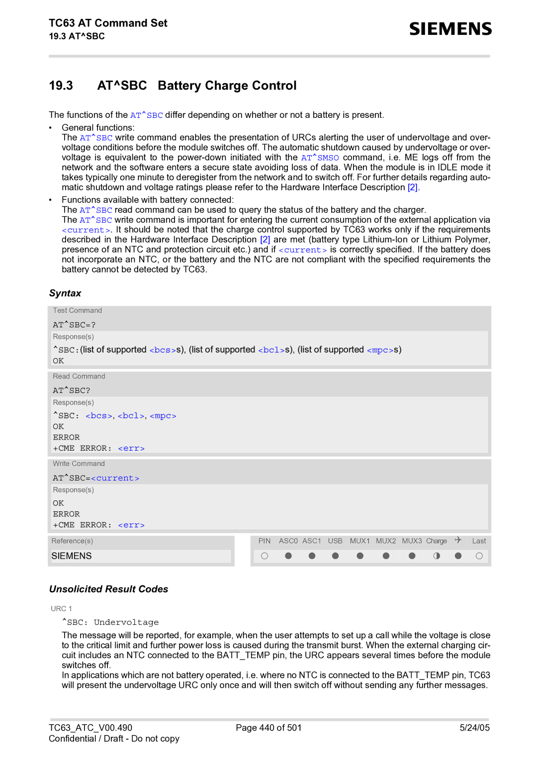 Siemens TC63 manual Atsbc Battery Charge Control, Atsbc=?, Atsbc?, SBC bcs, bcl, mpc, ATSBC=current 