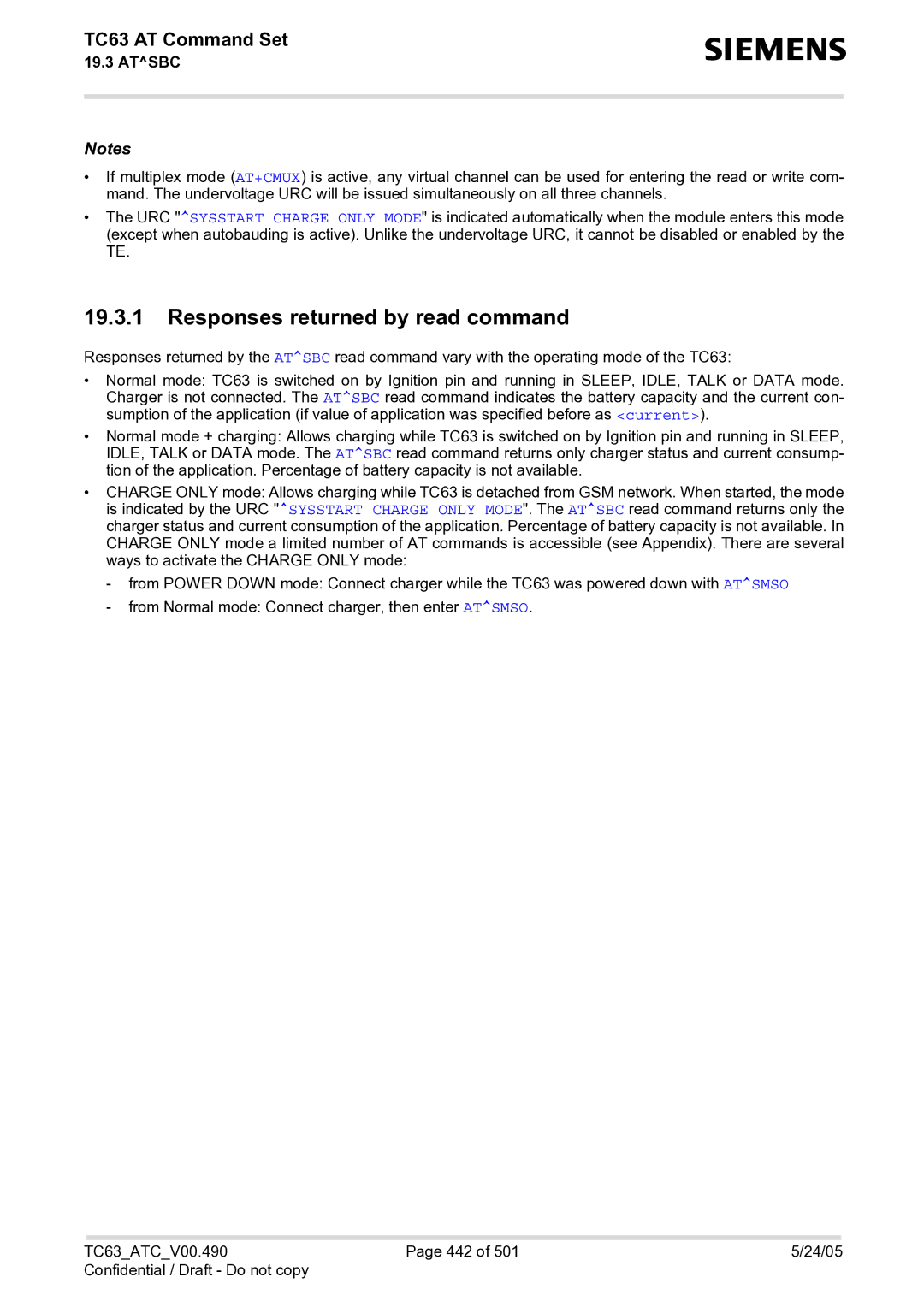 Siemens TC63 manual Responses returned by read command 