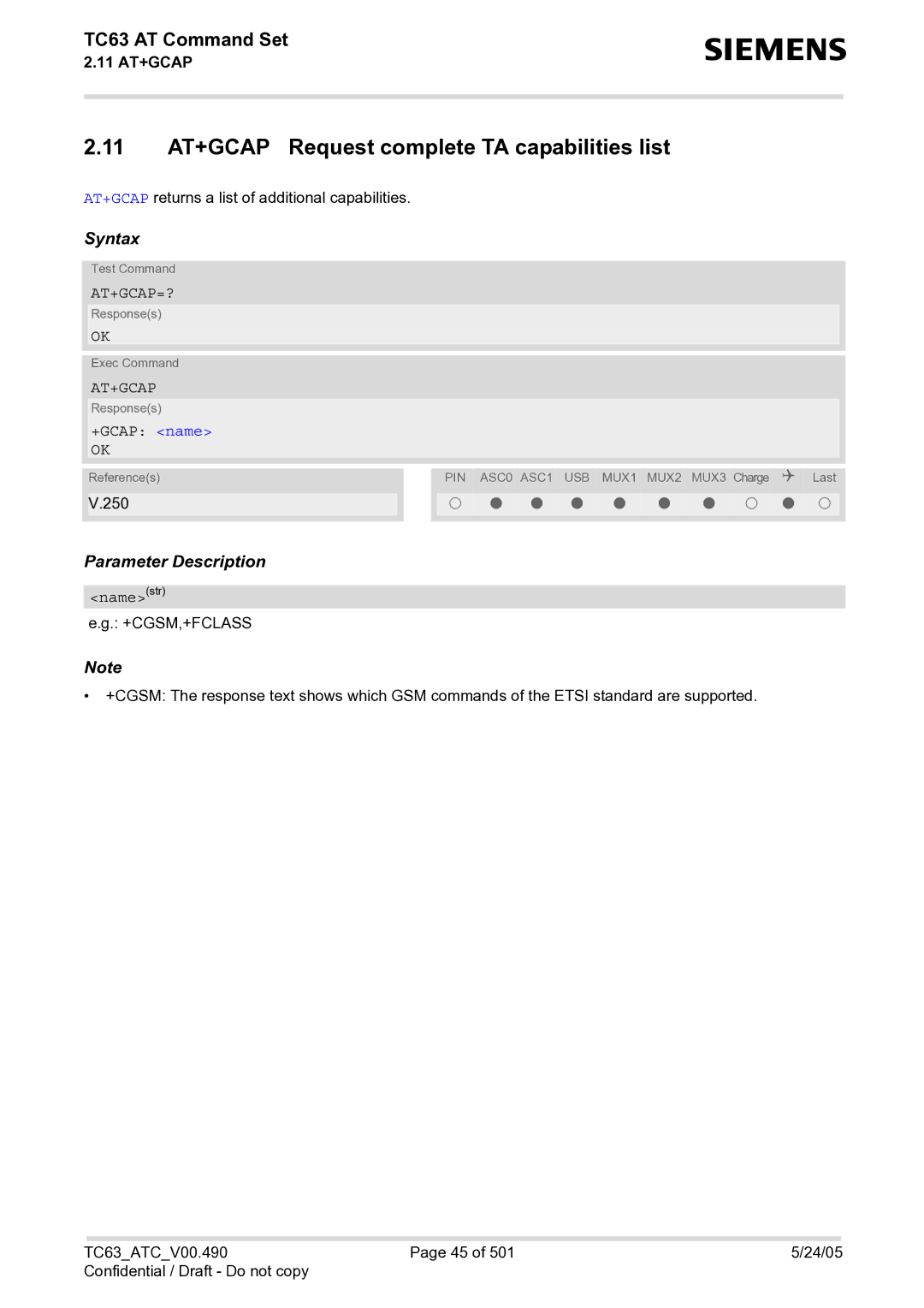 Siemens TC63 manual 11 AT+GCAP Request complete TA capabilities list, At+Gcap=?, +GCAP name, Namestr 