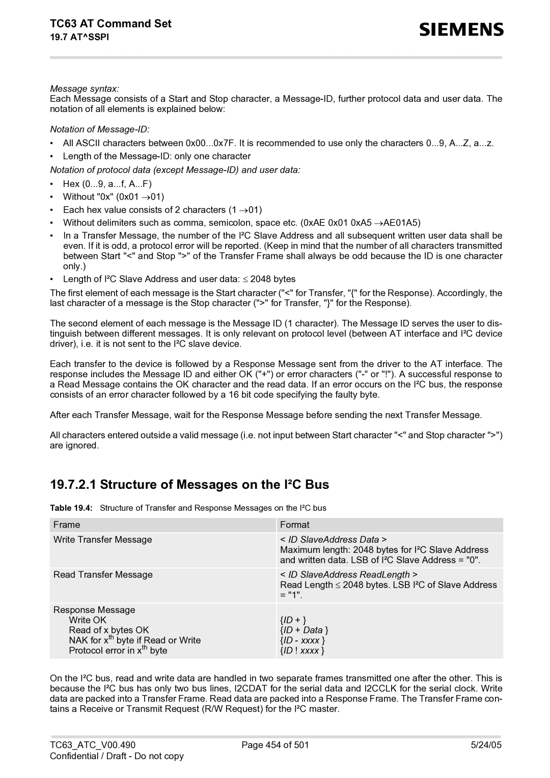 Siemens TC63 manual Structure of Messages on the I²C Bus, Message syntax 