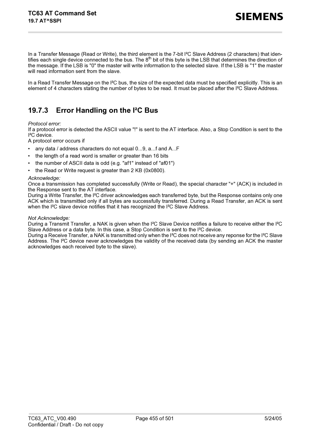 Siemens TC63 manual Error Handling on the I²C Bus, Protocol error 