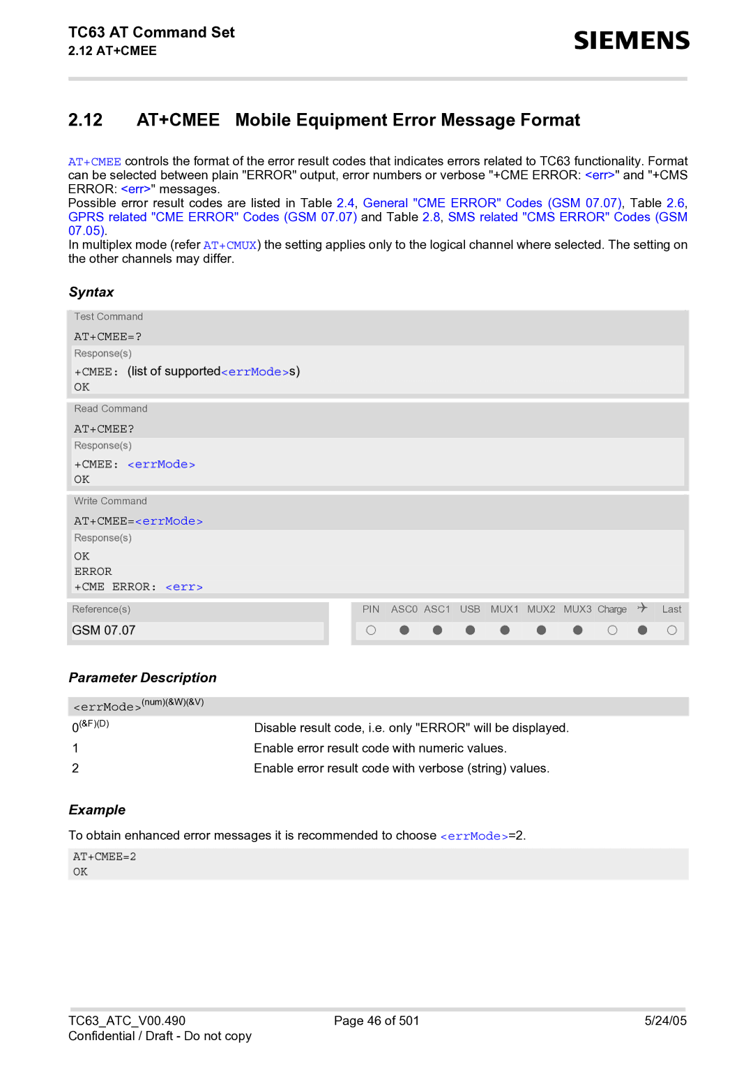 Siemens TC63 manual 12 AT+CMEE Mobile Equipment Error Message Format, At+Cmee=?, At+Cmee?, OK Error, AT+CMEE=2 