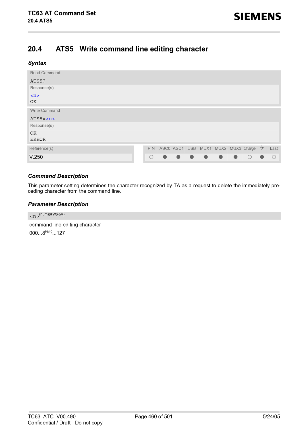 Siemens TC63 manual 20.4 ATS5 Write command line editing character, ATS5?, ATS5=n 