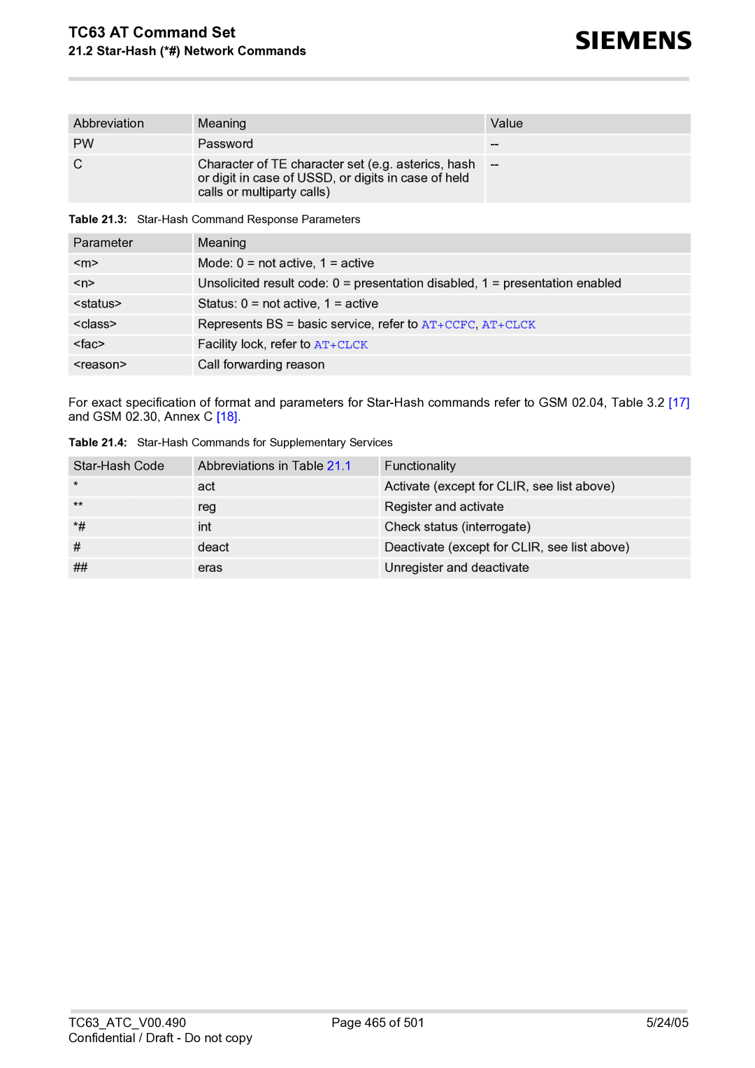 Siemens TC63 manual Star-Hash Command Response Parameters 