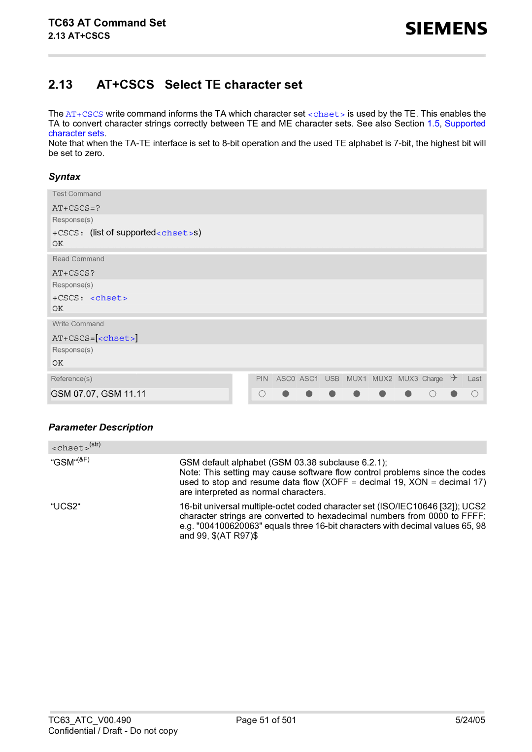 Siemens TC63 manual 13 AT+CSCS Select TE character set, At+Cscs=?, At+Cscs? 