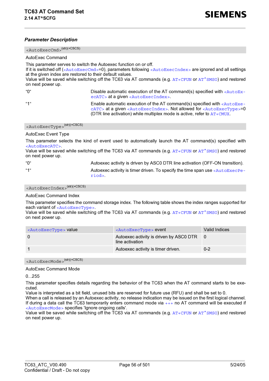 Siemens TC63 manual EcATC at a given AutoExecIndex, AutoExecATC, Riod, AutoExecType value AutoExecType event 