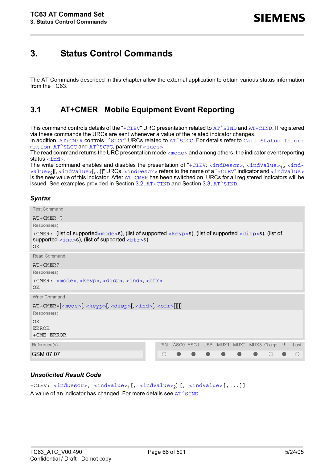 Siemens TC63 manual Status Control Commands, AT+CMER Mobile Equipment Event Reporting, At+Cmer=?, At+Cmer? 