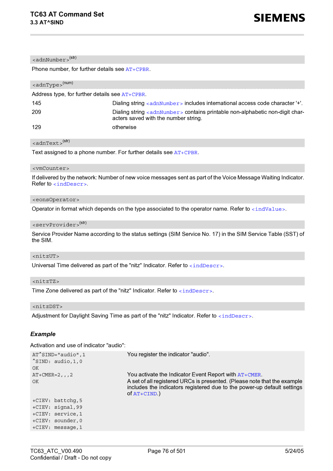 Siemens TC63 manual At+Cind 