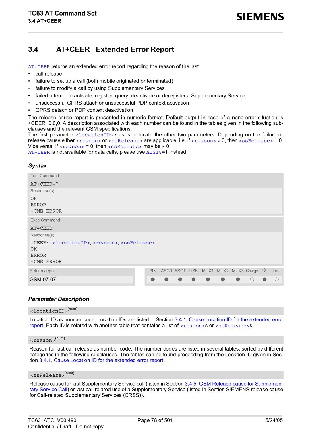 Siemens TC63 manual AT+CEER Extended Error Report, At+Ceer=?, +CEER locationID, reason, ssRelease 