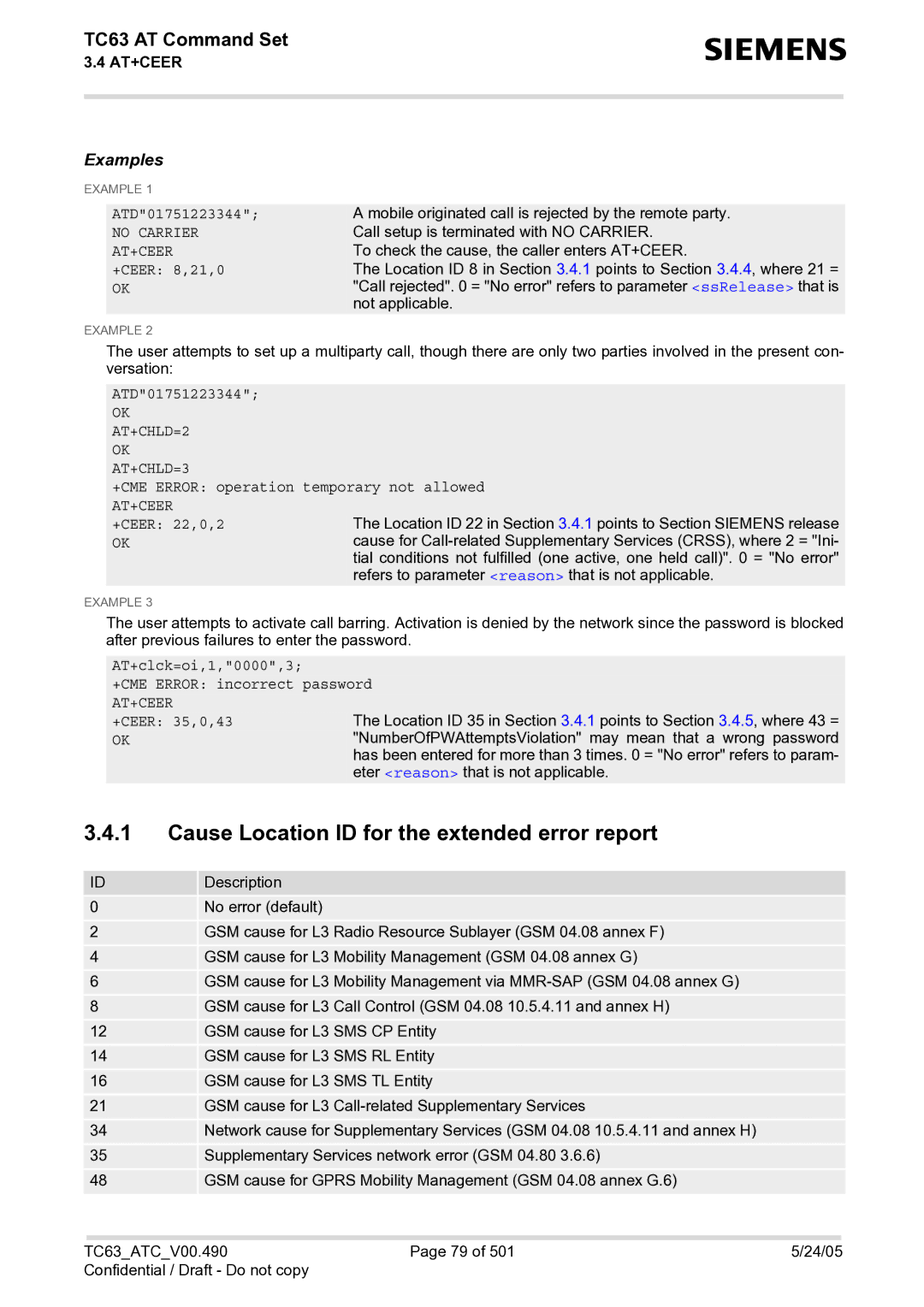 Siemens TC63 manual Cause Location ID for the extended error report, OK AT+CHLD=2 OK AT+CHLD=3 