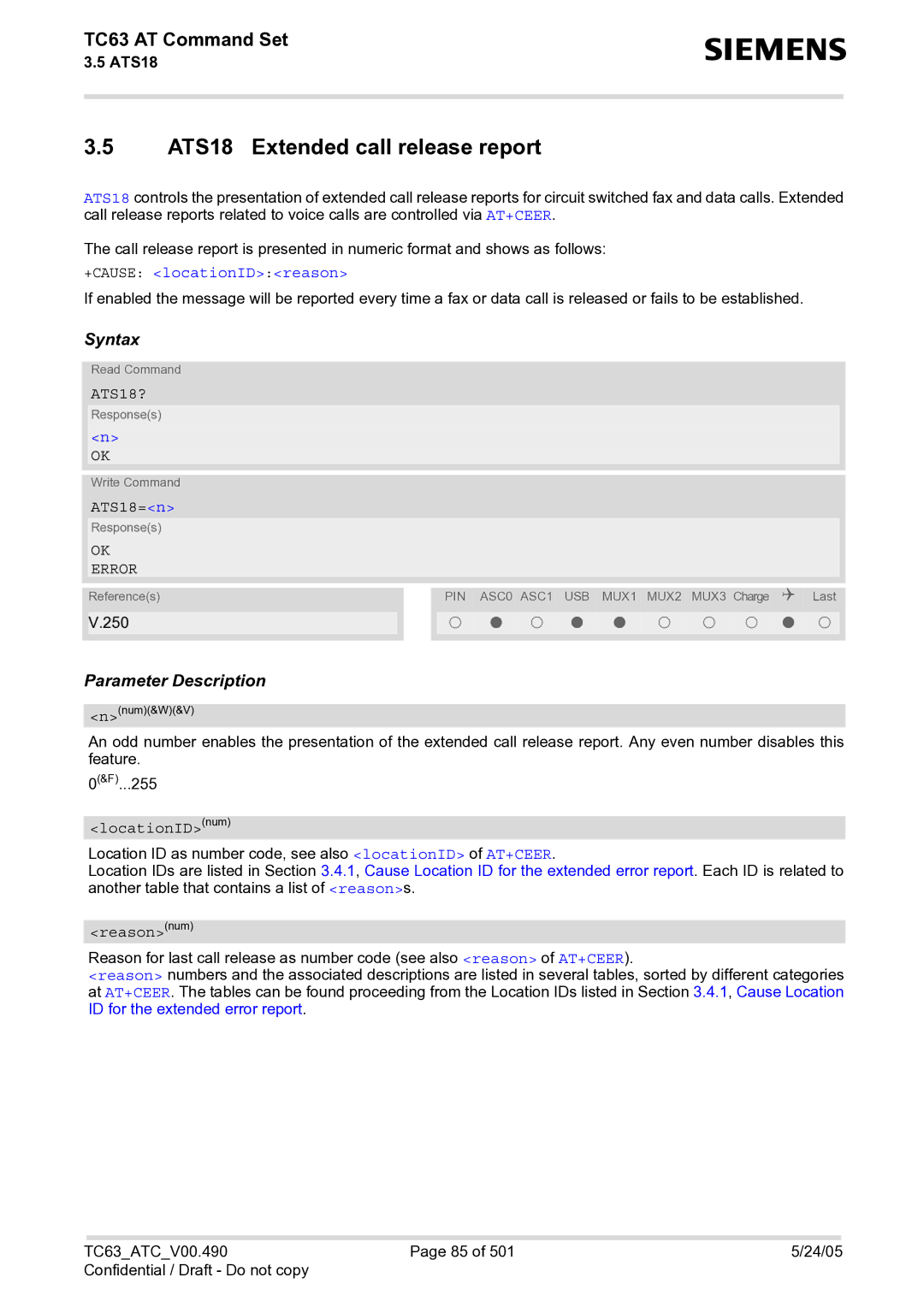 Siemens TC63 manual ATS18 Extended call release report, +CAUSE locationIDreason, ATS18?, ATS18=n 