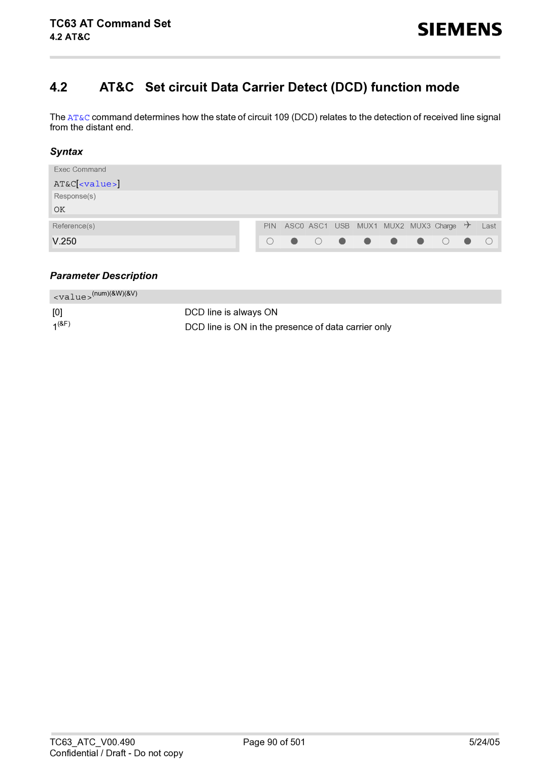 Siemens TC63 manual AT&C Set circuit Data Carrier Detect DCD function mode, AT&Cvalue 