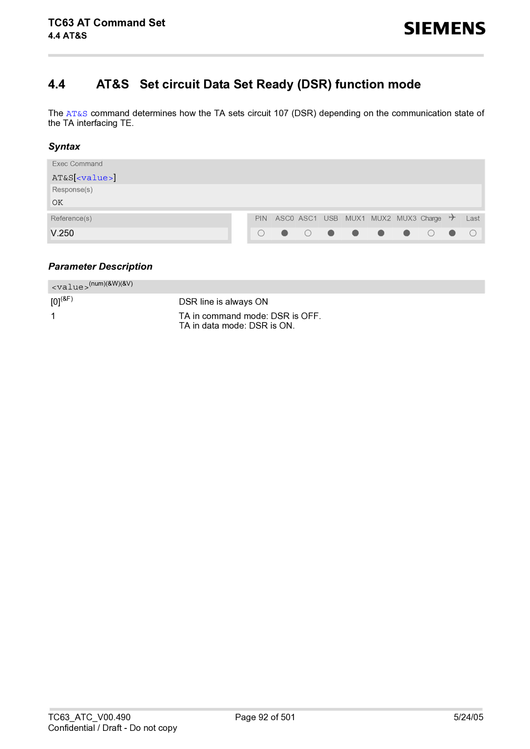 Siemens TC63 manual AT&S Set circuit Data Set Ready DSR function mode, AT&Svalue 