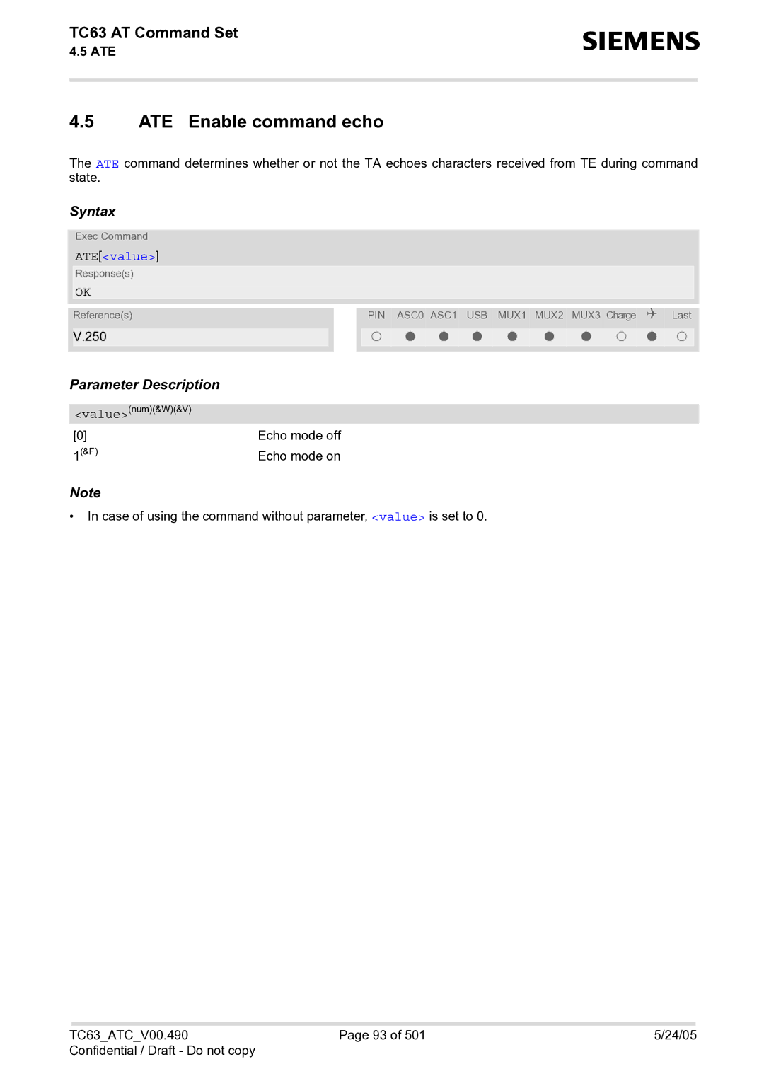 Siemens TC63 manual ATE Enable command echo, ATEvalue 