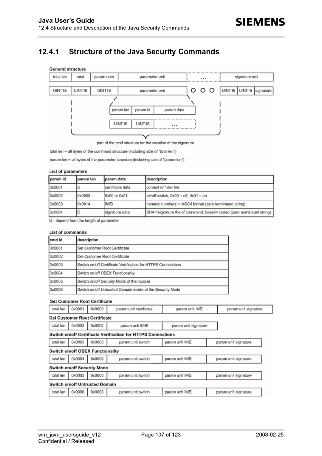 Siemens XT65, TC65, AC65, XT75 manual Structure of the Java Security Commands 