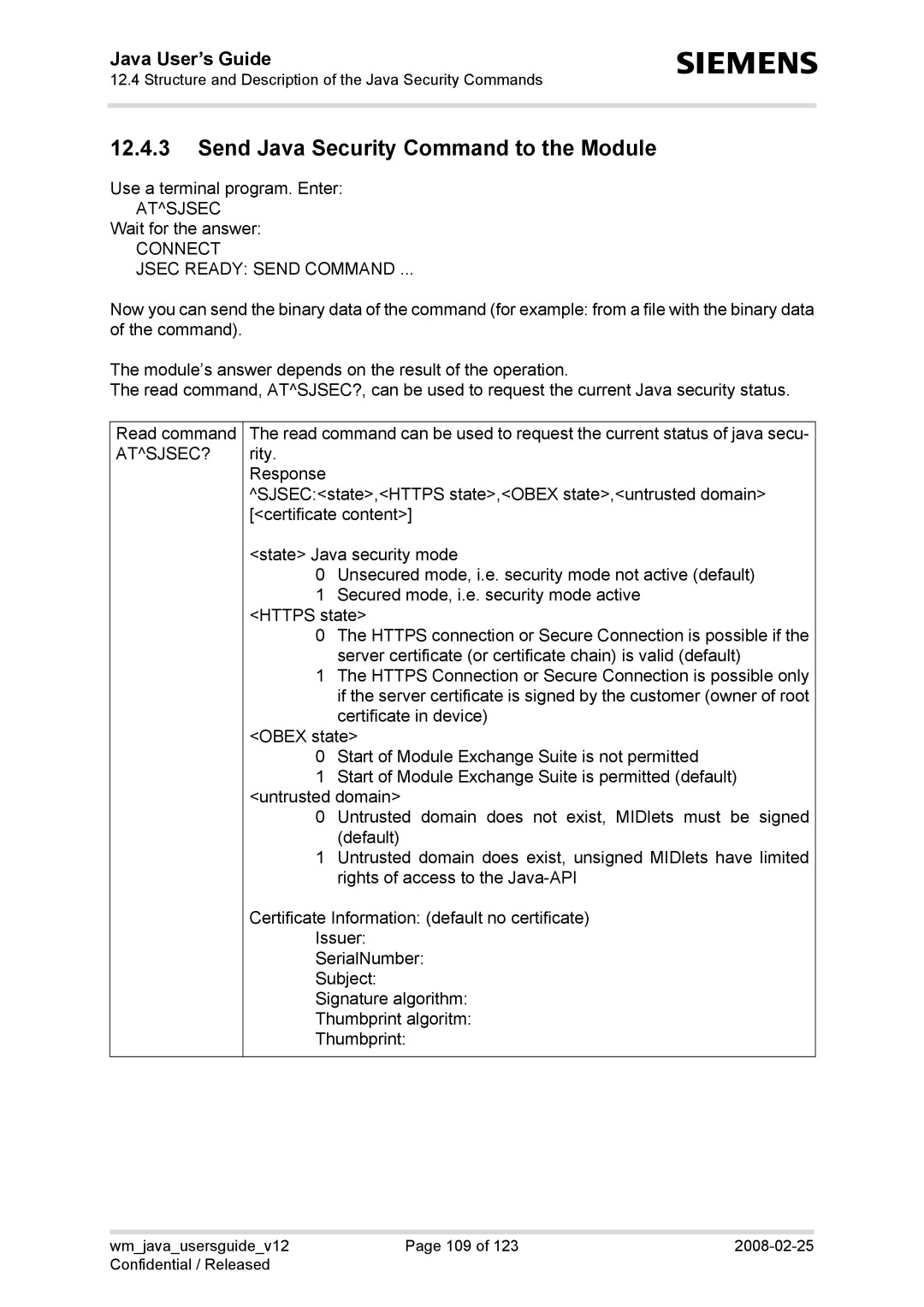 Siemens AC65, TC65, XT75, XT65 manual Send Java Security Command to the Module, Connect Jsec Ready Send Command 