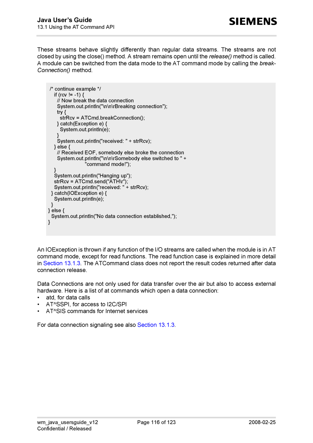 Siemens TC65, AC65, XT75, XT65 manual Wmjavausersguidev12 116 2008-02-25 Confidential / Released 